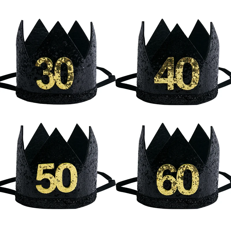 1pcs 30 40 50 60 Year Old Crown Hat Black Birthday Headband Anniversary Adult 30th 40th 50th 60th Birthday Party Decorations