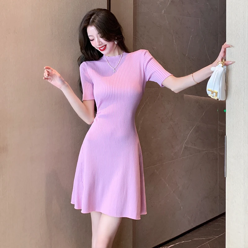 

Elegant Purple Knitted Dress Women Korean Round Neck Short Sleeve Slim A-line Dress Summer Premium Simple Solid Color Dress