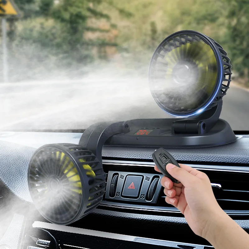 Car Double Head Folding Fan 12V/24V 360 Rotation Adjustment Cigarette Lighter Interface Remote Control Temperature Display Fan electric fan,car fan