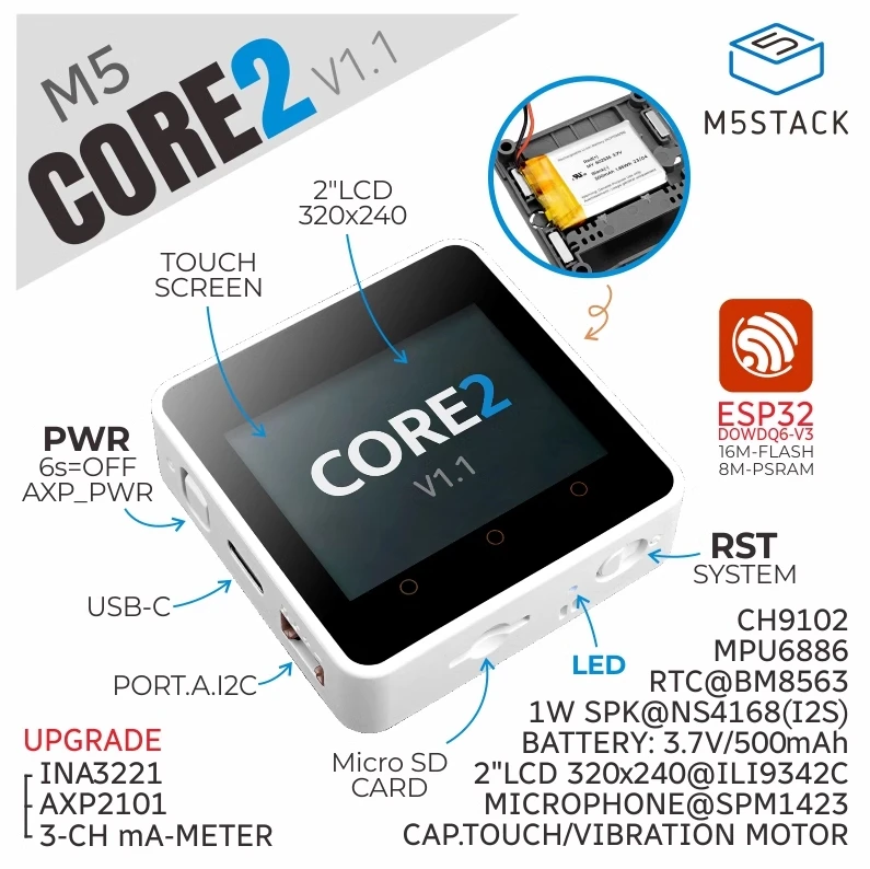 

M5Stack Core2 v1.1 ESP32 Touch screen development kit WiFi Bluetooth graphical programming control