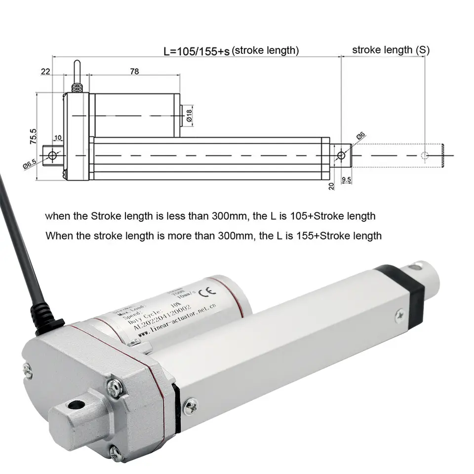 DC 12V 750N Linear Actuator 50mm 100mm 150mm 200mm 250mm 300mm Stroke Linear Drive Electric Motor Linear Motor 10mm/s Speed image 4