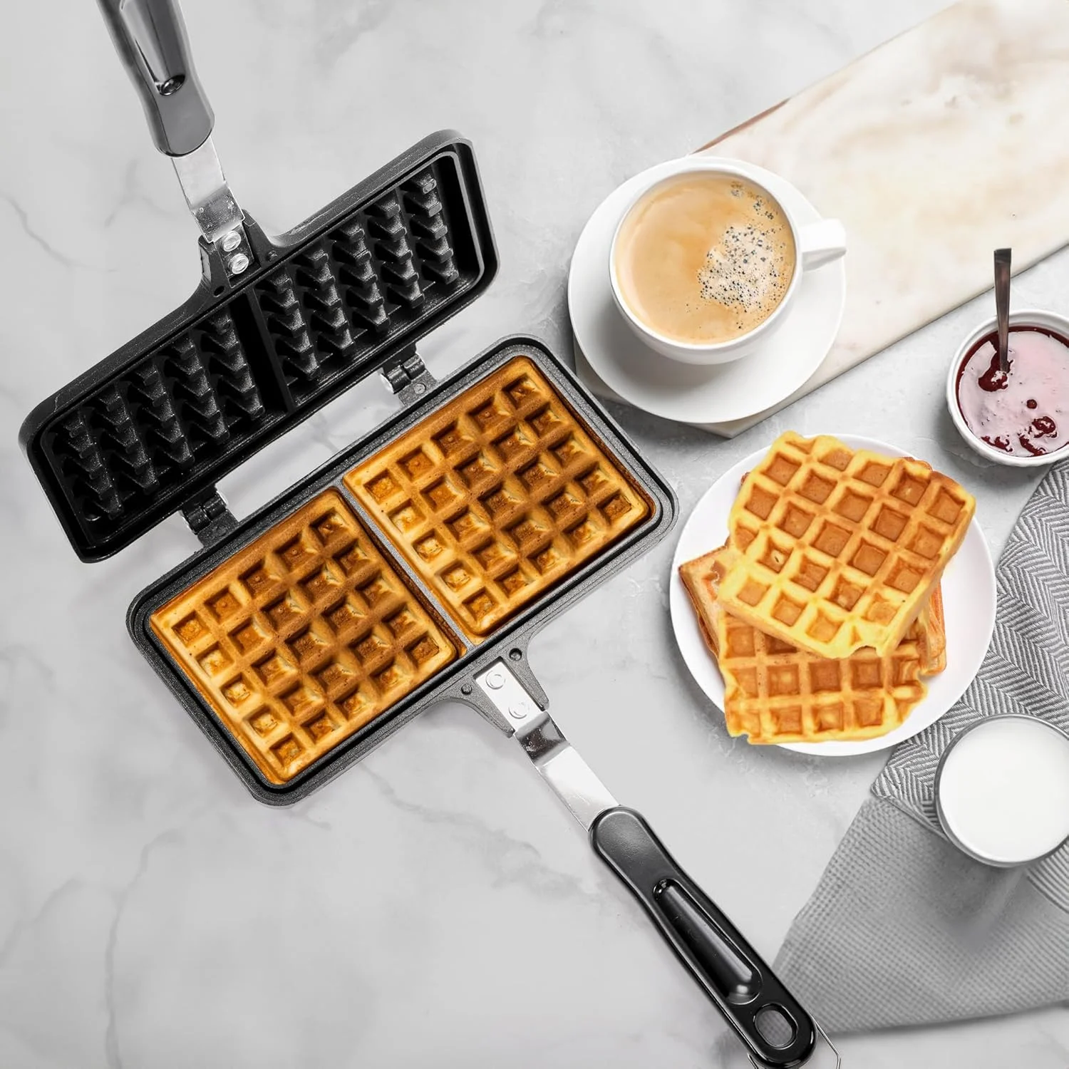 Non-stick Waffle Maker, 8" Camping StoveTop Waffle Maker with Long Handle, Portable Aluminum Maker Pan for Waffles Sandwi
