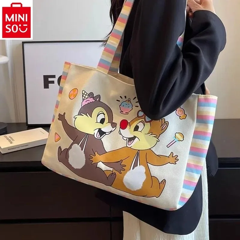 MINISO Disney Carton Chichitti Fashion Canvas Printed Cute Shoulder Bag Women's Large Capacity Multi functional Storage Tote Bag