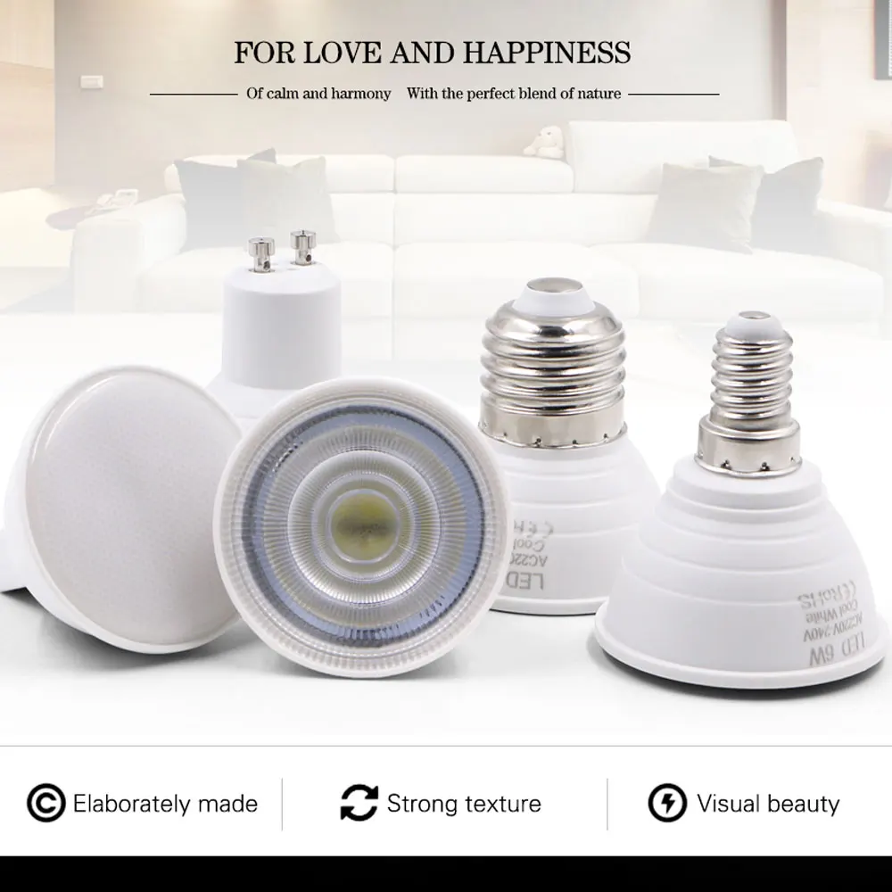 Led 6w COB 플라스틱 알루미늄 GU10 MR16 E27 E14 24/120 220v 차가운 따뜻한 화이트 홈 거실 스포트 라이트 교체