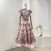 Elegant Women Set Outfit High Quality Holiday Linen Silk Floral Print Pleat Ruched Ruffles Top Blouse and Midi Skirt Suit 2