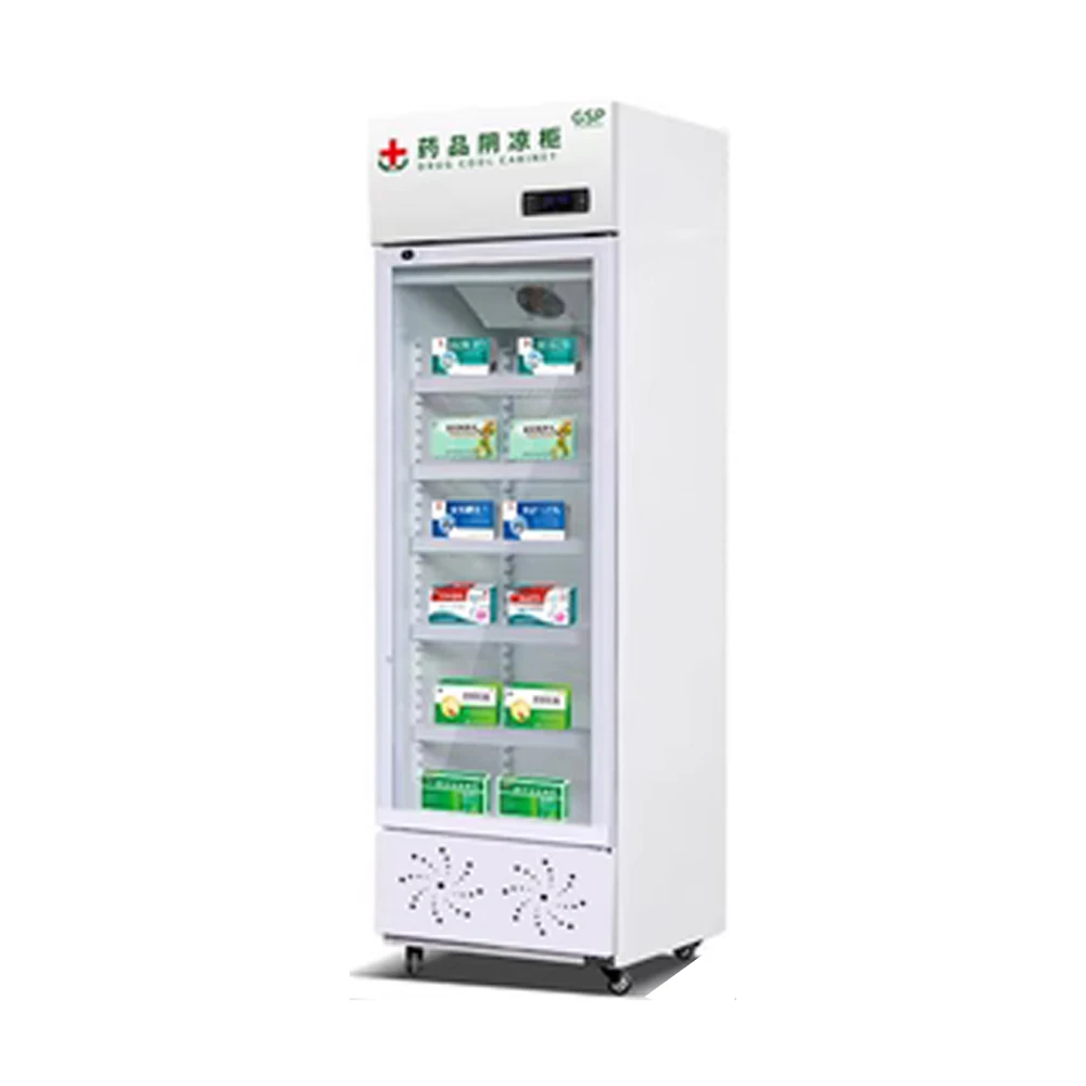 Green Health Medicine Double Doors Chiller Display Cabinet Upright Cooler Freezer Medications Fridge