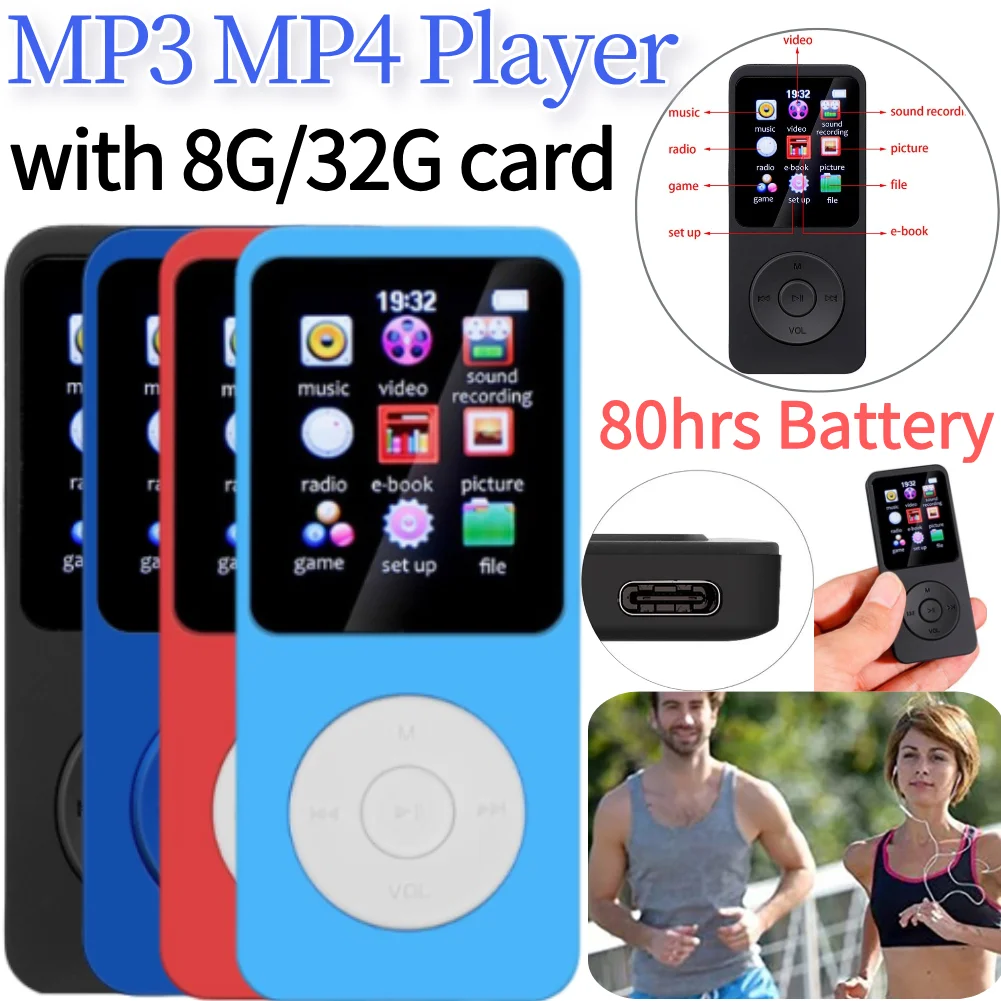 1.8 Inch Color Screen MP3 MP4 Music Player Built-in Speaker Mini Walkman Bluetooth-compatible 5.0 Support TF Card Windows XP