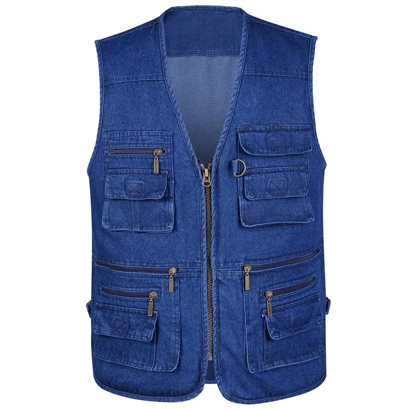 Multi Pocket Cotton Denim Vest Men Casual With16 Pockets Sleeveless Jackets Male Outdoor Photograph Waistcoat Plus Size 5XL