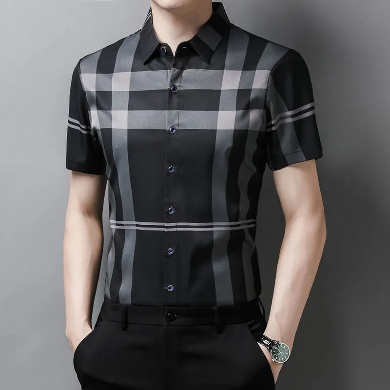 Summer Cardigan Striped Short Sleeve Men's Button Clothing Turn-down Collar Contrast Color Shirt Business Retro Casual Tops