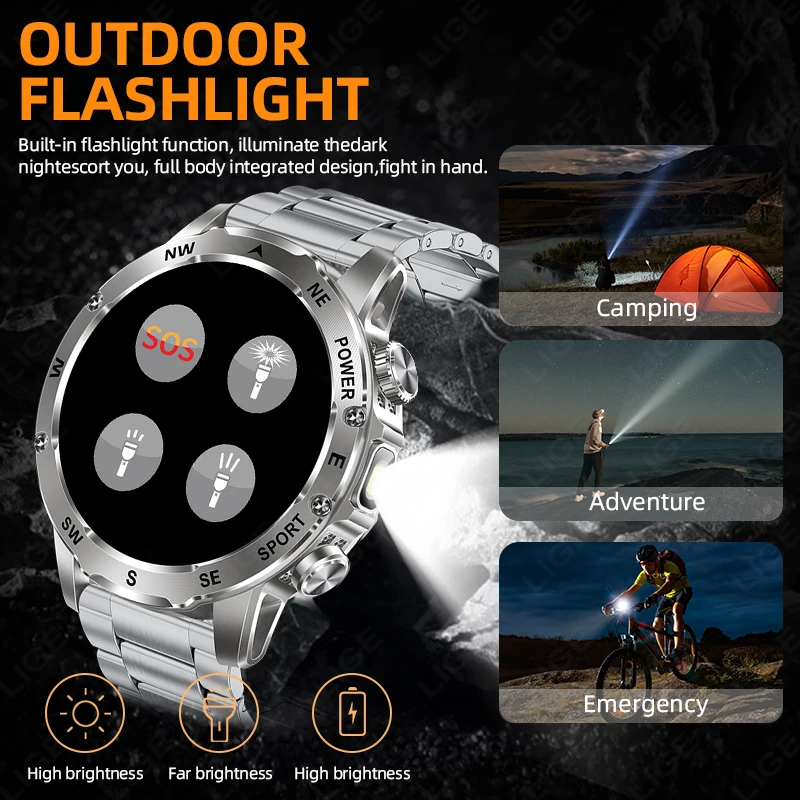 LIGE New 800mAh Battery Smart Watch Outdoor Sports Compass LED Flashlight Bluetooth Talking Smartwatches For Men Health Monitor