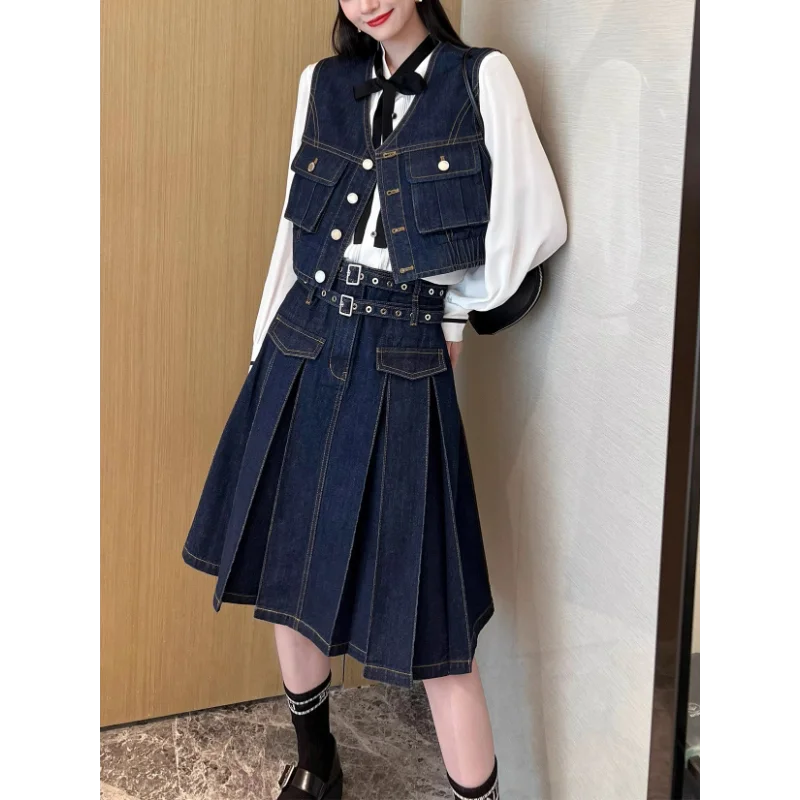 Women Cropped Denim Vests Jacket Pleated Skirts Belt Fashion Suit Two Piece Set Design Sense 2023 New Autumn Tops Skorts Outfits