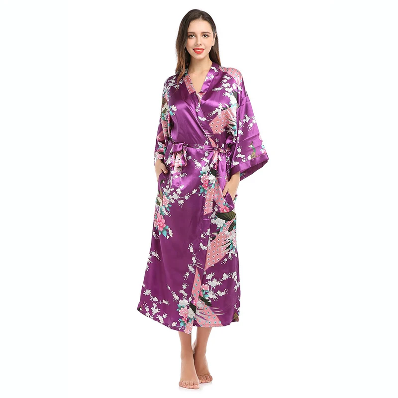 Women Sleepwear Bride Robes Silk Robe Womens Silk Satin Kimono Robes Long Sleepwear Dressing Gown Floral Peacock Printed Pattern Party Wedding Bridesmaid Bathrobe