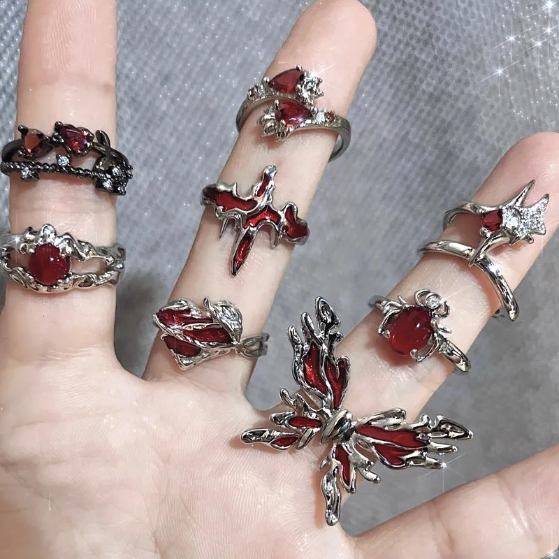 Irregular Red Crystal Glass Butterfly Aesthetic Rings for Women Y2K Gothic Spider Cross Ring Creative Grunge Jewelry Accessories 1