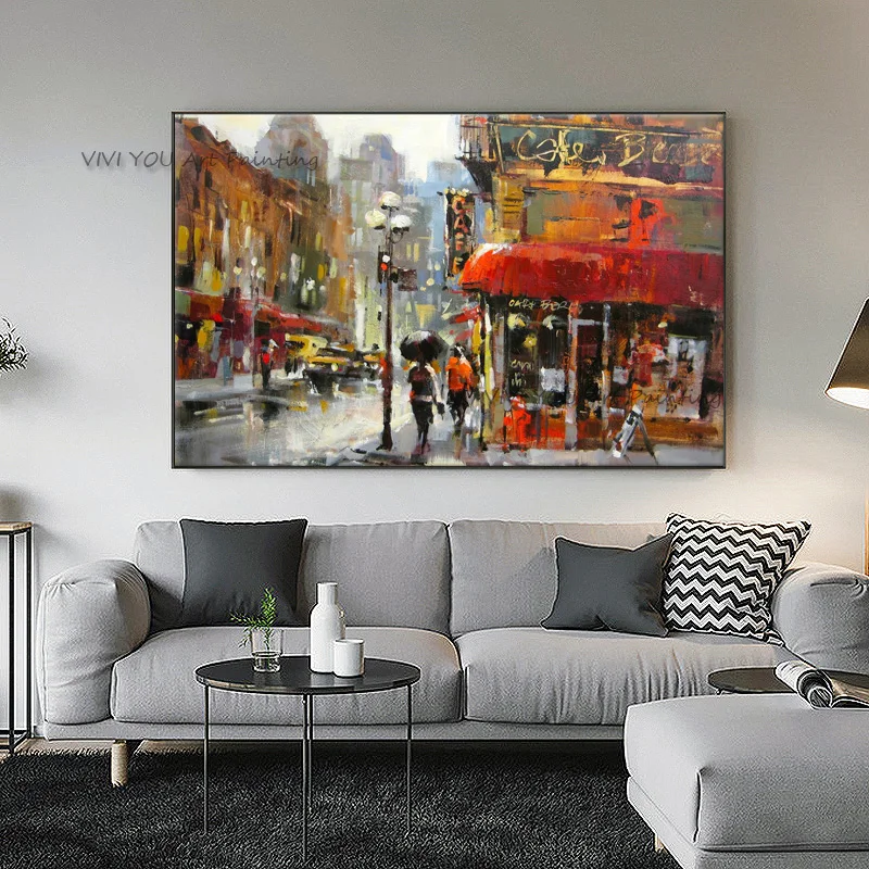 

Handpainted Abstract with Umbrella Handmade Oil Painting on Canvas Rainy City Holding Umbrella Wall Art Landscape Large Artwork