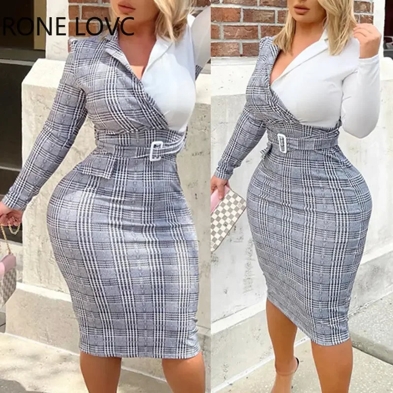 

Women Chic Casual Elegant Long Sleeves Patchwork Notched Collar Midi Working Dresses