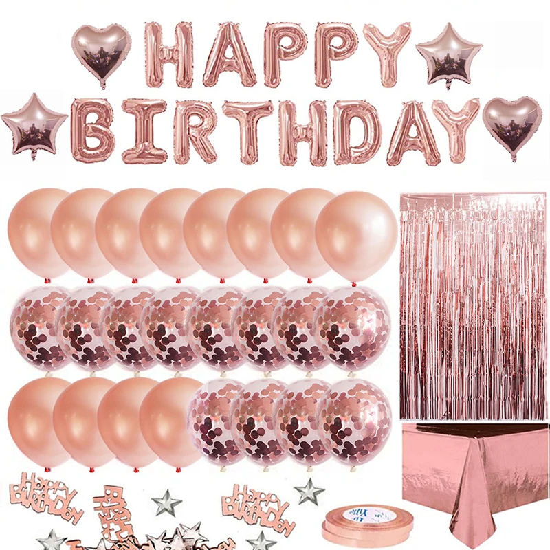 

Rose Gold Balloons Tablecloth Happy Birthday Foil Letter Balloon 16inch Rain Tinsel Backdrop Ballons Parties and Decoration Set