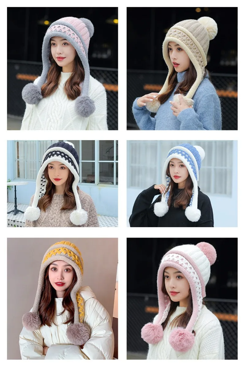 Neue Gestrickte Hut Dicke Warme Earflap Hüte Schal 2Pcs Set Fleece Gefüttert Ball Bommel Skullies Beanies Frauen Winter kaninchen Fell_voghion.com