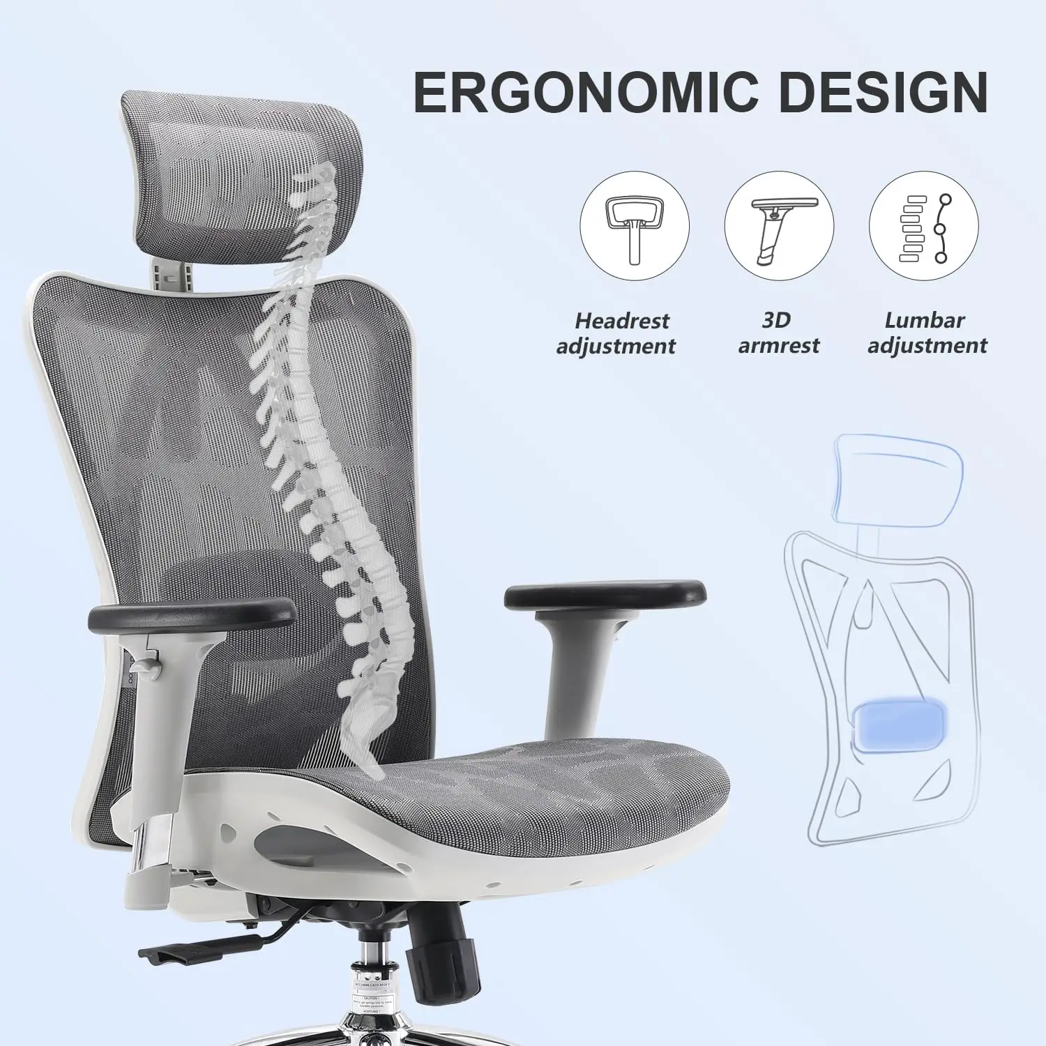 M57 Ergonomic Office Chair with 3 Way Armrests Lumbar Support and Adjustable Headrest High Back Tilt Function Light Grey 5