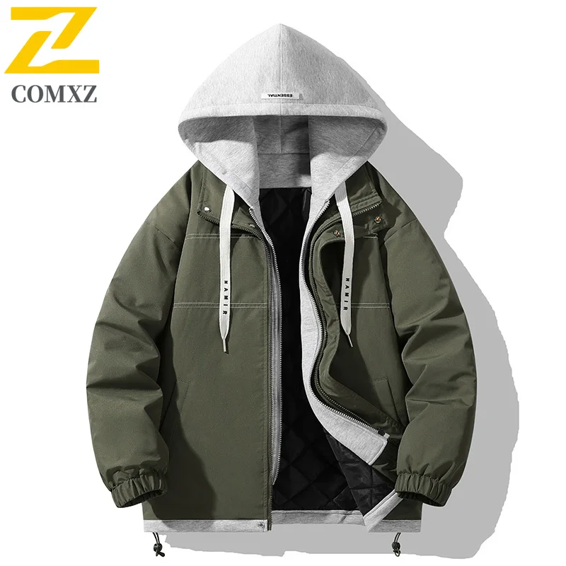 COMXZ Men Hooded Two-Layer Jacket Spring Autumn Hong Kong Style Waterproof Windbreaker Casual Streetwear Loose Fit Outdoor Coat