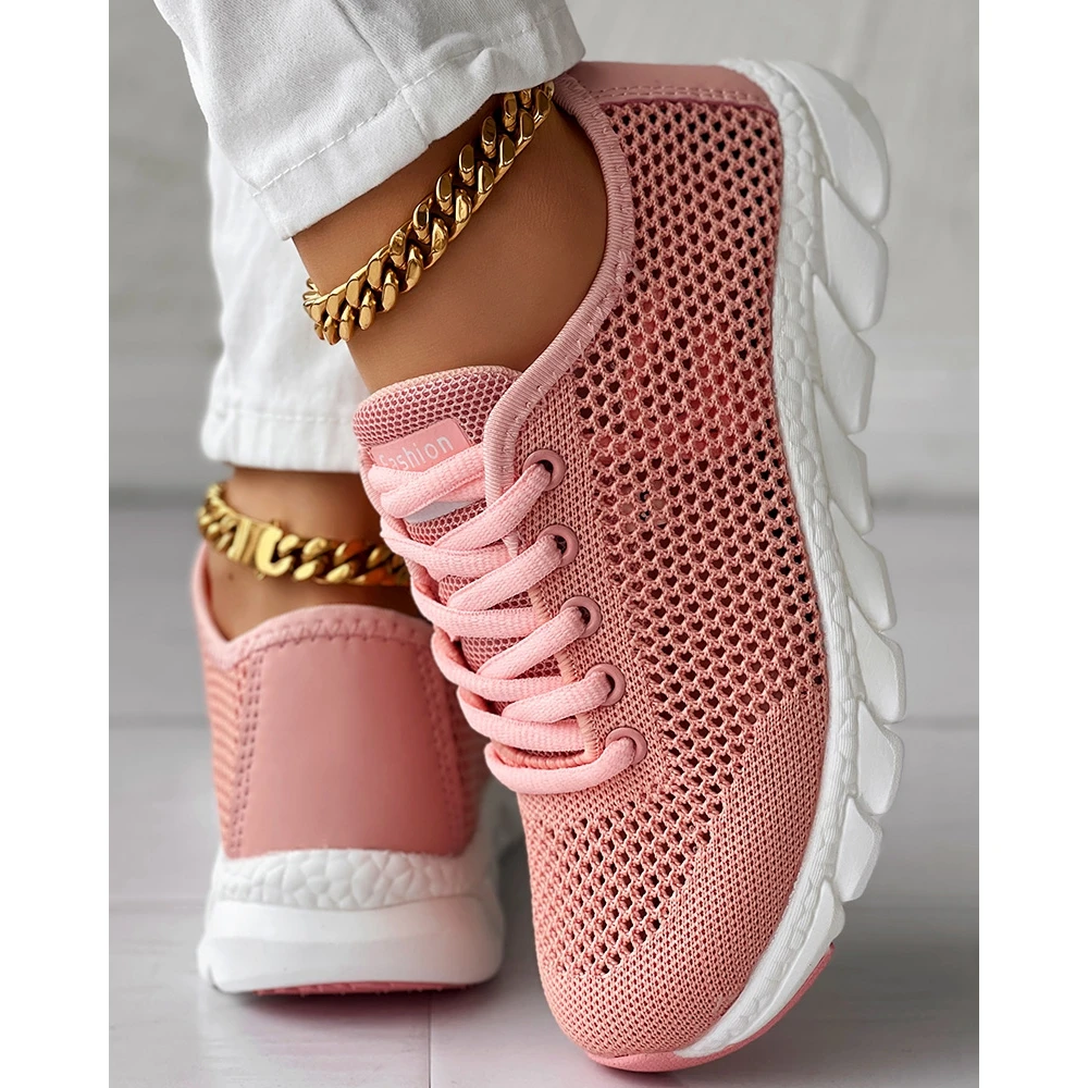 Women Hollow Out Breathable Mesh Lace-up Sneakers Daily Casual Round Toe Sports Shoes Spring Sneakers Going Out Pink Flats Shoes