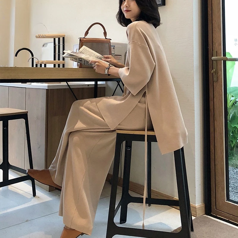 

Loose Knitted Suit Autumn Women Set V Neck Long Pullovers Sweater+Wide Legs Pants Suit Female Tracksuit Two Piece Set Women N546