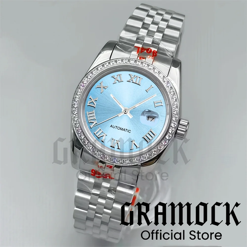 Gramock Luxury Diamond Bezel NH05 Mechanical 31mm Watch For Lady Baby Blue Roman Sundial Jubilee Strap Diving Steel Wristwatch
