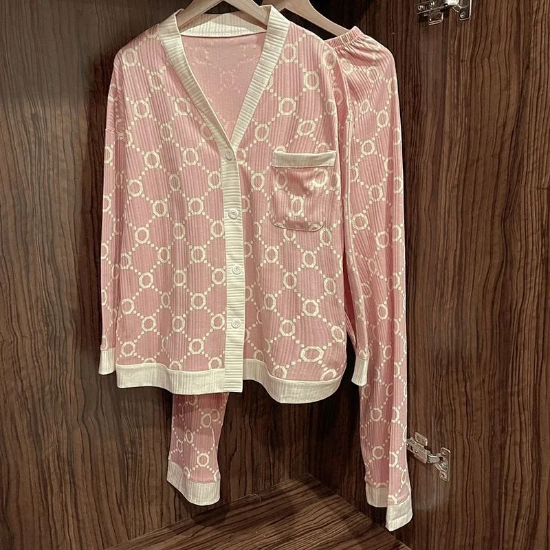 2024 New Long Sleeved Pajamas Women Spring Autumn Sleepwear Cotton Cardigan High-end Homewear V-neck Loose Loungewear Set