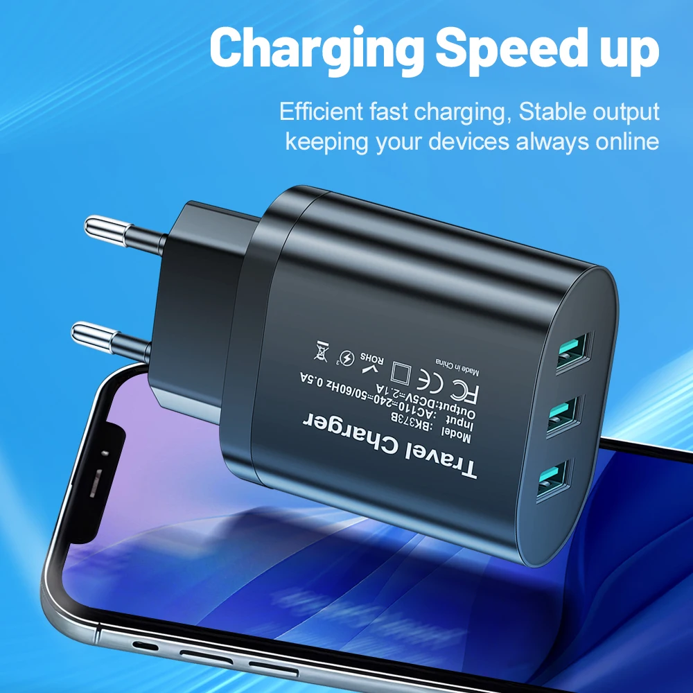 3USB Phone Charger 2.1A Fast Charging For Samsung Xiaomi Huawei iPhone Mobile Phone Adapter EU/US/UK Plug