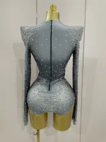 Sparkle Silver Rhinestones Long Sleeve Stretch Bodysuits 2025 New Women Evening Luxury Birthday Party Sexy Nightclub Stage Costu - Image 3