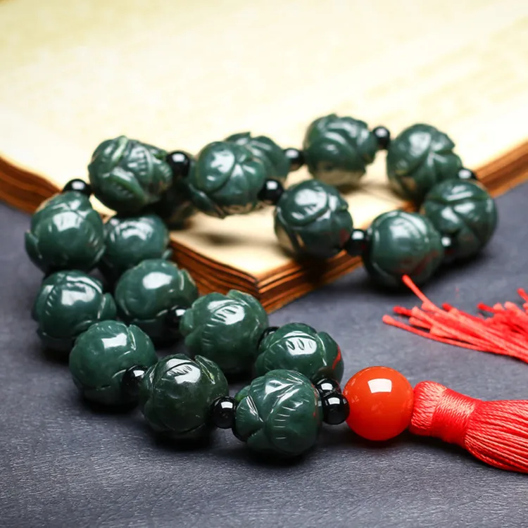 

Natural Green Jade 18 Beads Bracelet Men Women Real Chinese Hetian Jades Nephrite Lotus Bead 18 Rosary Tassel Bracelets Bangle