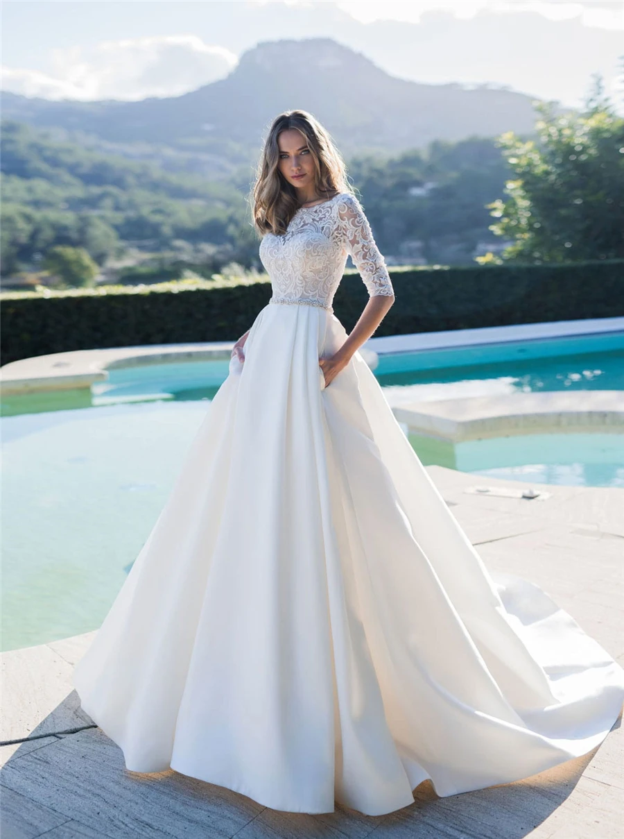 Half Sleeves A-Line Wedding Dresses 2021 Modest Satin Bridal Gowns