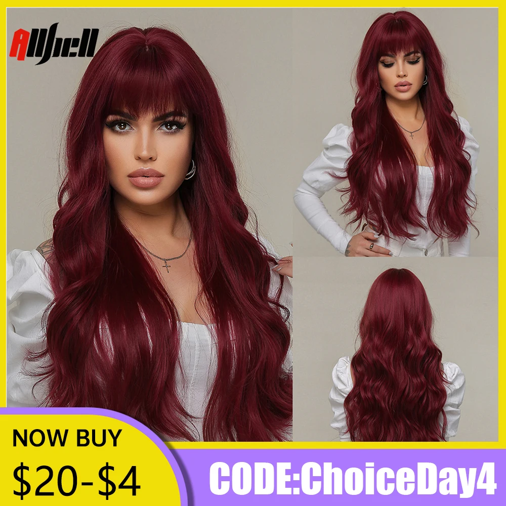Long Wavy Wine Red Synthetic Wigs Natural Wave Afro Wigs With Bangs for Black Women Cosplay Costume Wig Heat Resistant Fiber synthetic wig