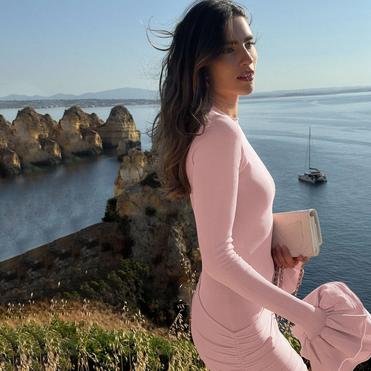 O Neck Long Flare Sleeve Bodycon Mini Dress Solid Ruched Elegant Evening Sweet Party Dresswholesale Korean Clothes