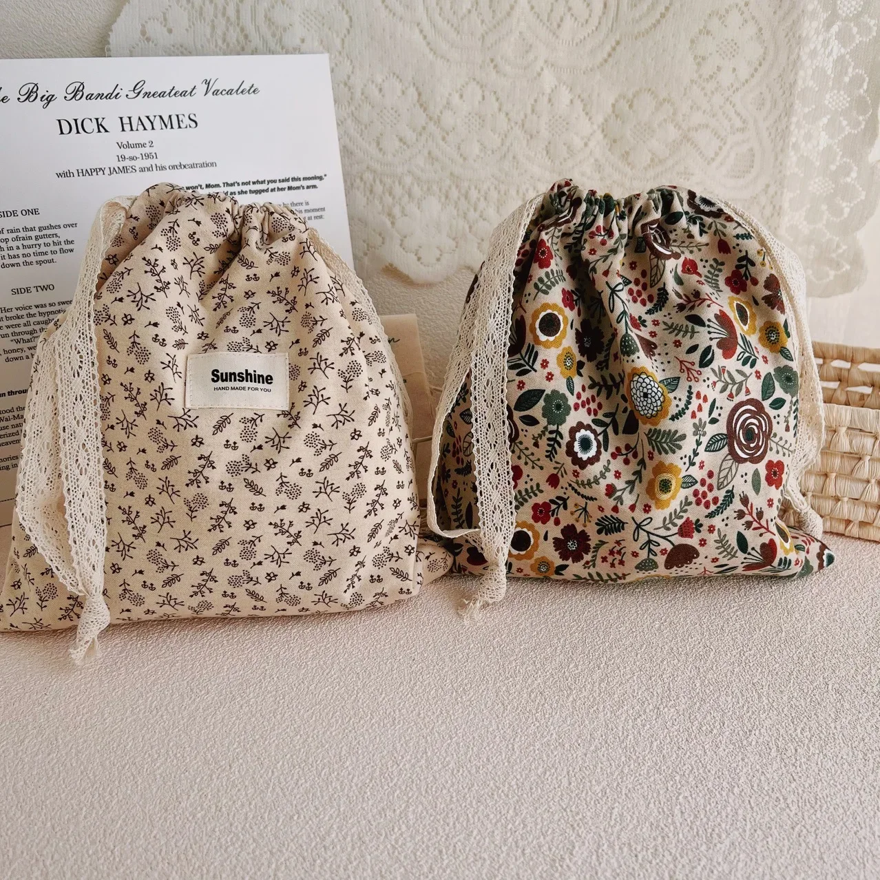 Printed Flower Mommy Bag Baby Diaper Bag Cotton Nappy String Pocket Stroller Carry Pack Travel Outdoor Diaper Storage