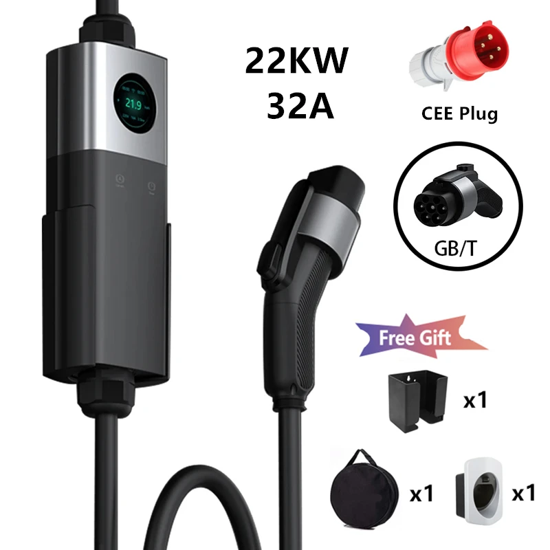 

Portable EV Charger GBT Standard GB/T Charger Cable WallBox with CEE Plug 22KW 16A / 32A Adjustable Current 5M Car Fast Charger