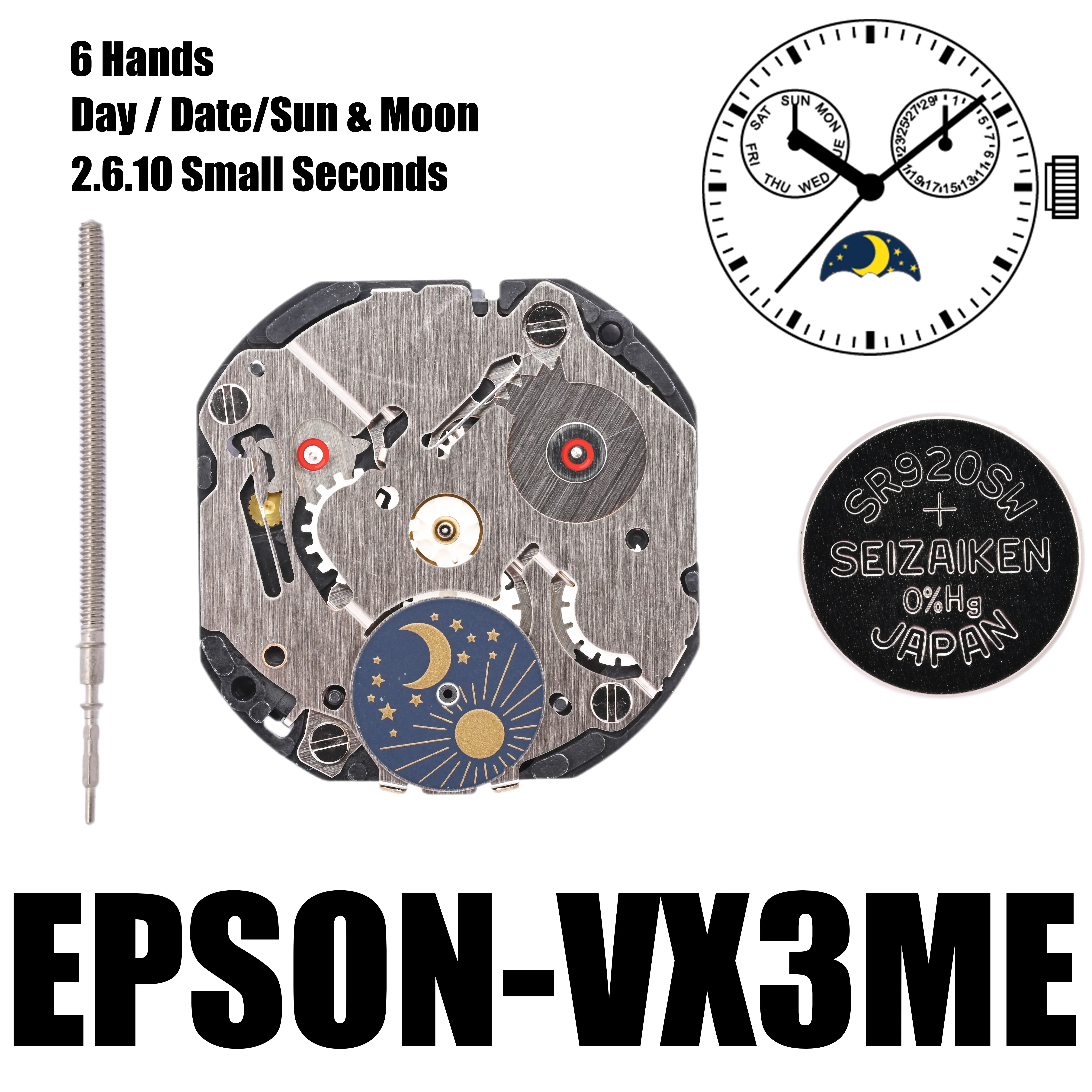 

VX3M Movement Epson VX3ME VX3 Series Quartz Movement 2.6.10 Seconds Size:10 1/2''' 6 Hands Day / Date Sun & Moon