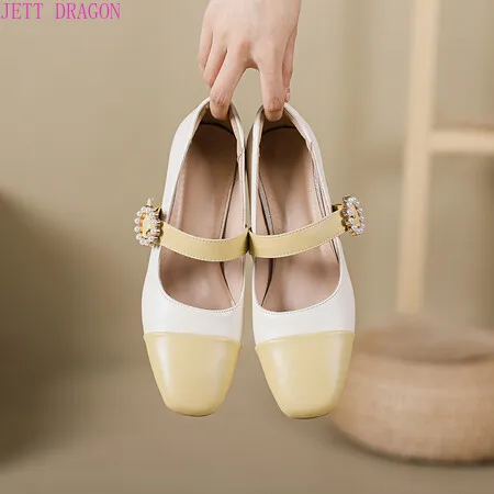Women's Mary Jane Shoes Casual Fashion Mixed Color Leather Buckle High Heels Autumn New Elegant Dress Sweet Ladies Bridal Shoes