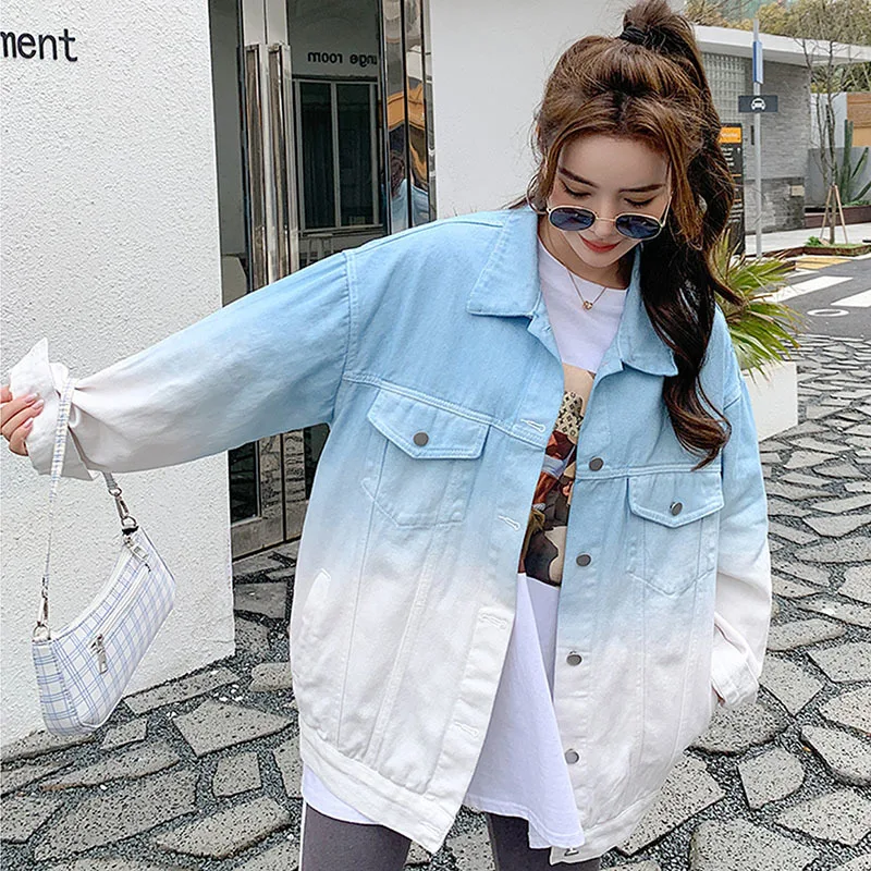 Harajuku Gradient Denim Coat Pink Yellow Blue Women Casual Short Cowboy  Outerwear Spring Autumn Lapel Long Sleeve Jeans Jacket - Denim Coat -  AliExpress