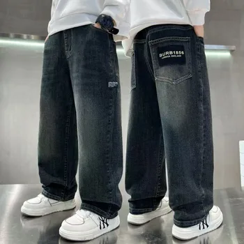 Teenage Boys Loose Straight Letter Print Jeans Casual 1