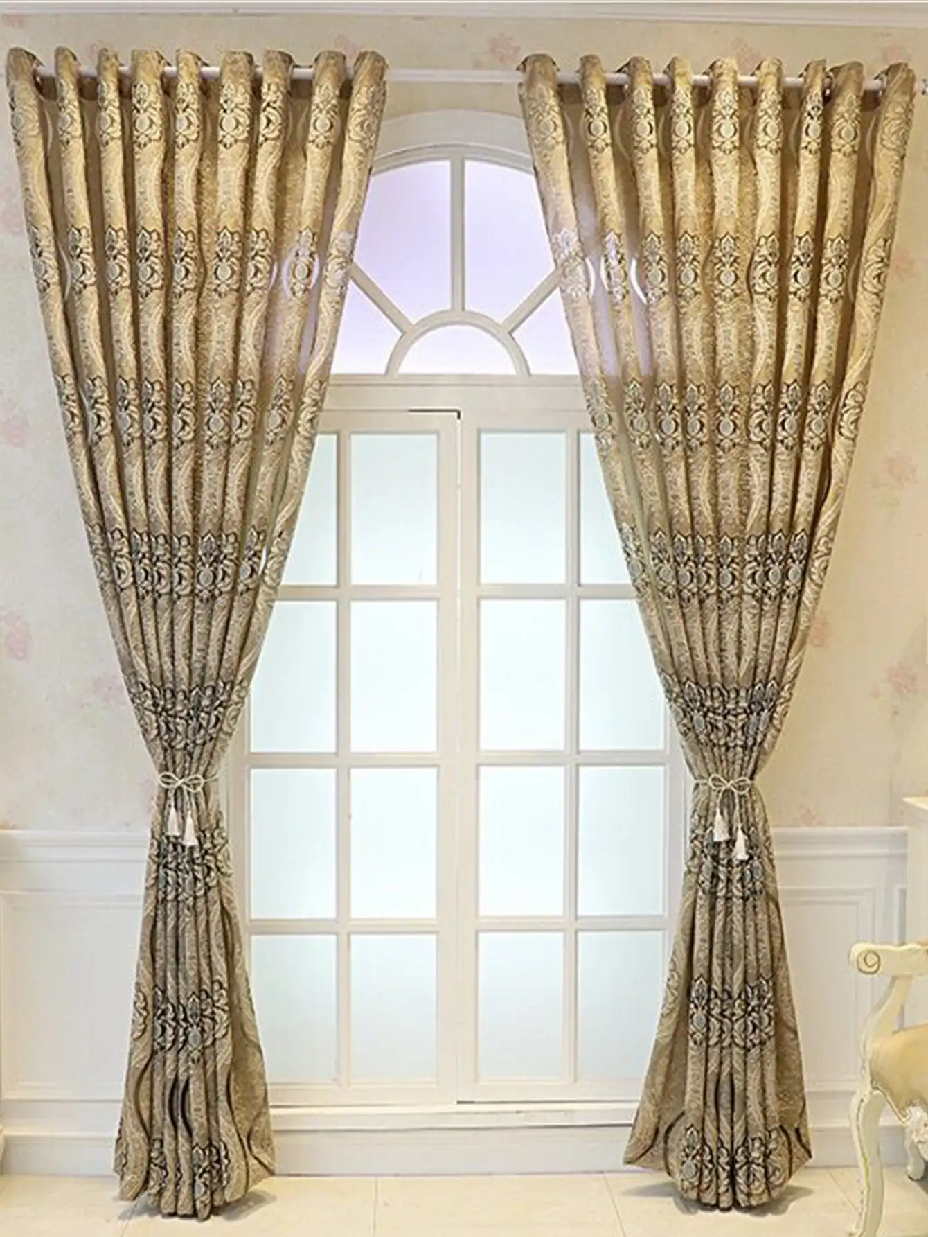European Curry Eight Wave Perforated Curtains Living Room Bedroom Blackout Decorative Curtains Party Decoration