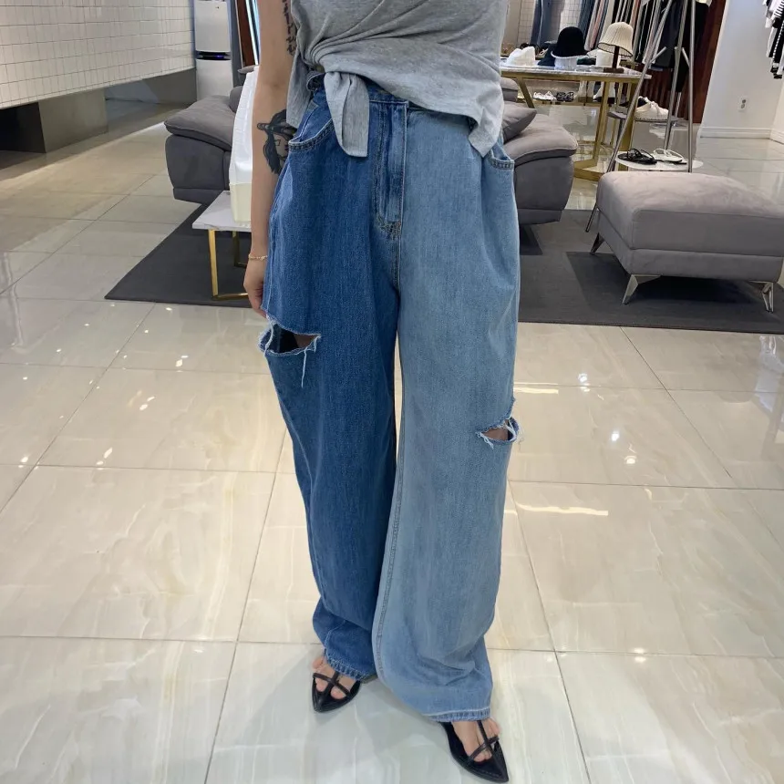

Korean Harajuku Hole Wide Leg Jeans Women Gradent Blue Denim Straight Pants Female Summer High Waist Jean Loose Trousers P003