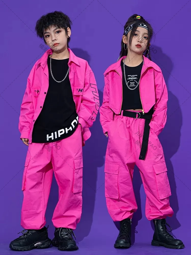 Pink Hip Hop Dance Clothes For Kids Kpop Costume Tooling Coat Cargo Pants Girls Concert Group Hiphop Performance Outfit JUPAOPAO girl dance costume children costumes