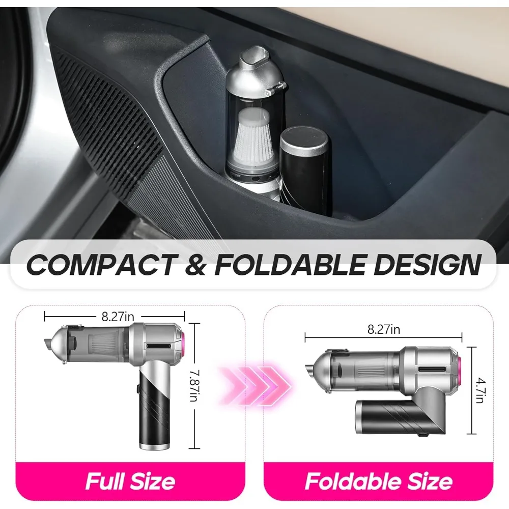 PeroBuno Car Vacuum Portable Cordless, 18000PA Suction, 3-in-1 Foldable Handheld Vacuum & Air Duster with Brushless Motor, 40min