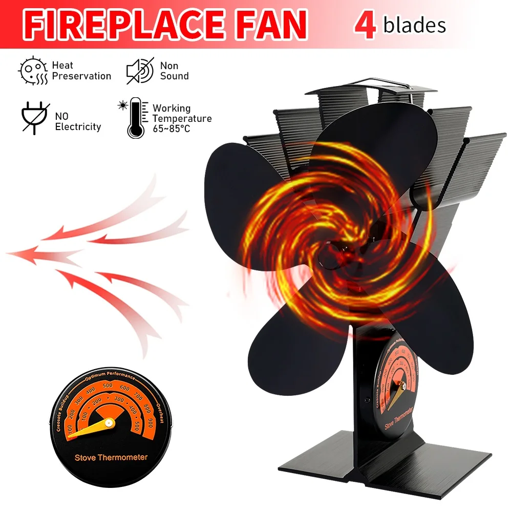 

4 Blades Fireplace Fan with Thermometer Heat Powered Stove Fan Log Wood Burner Quiet Eco-fan Home Efficient Heat Distribution