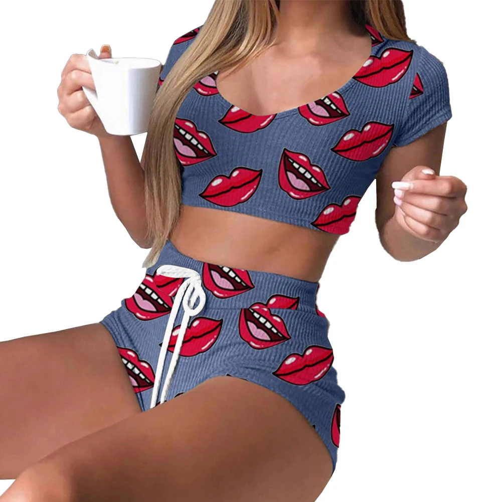 

Sleepwear Women Lingerie Set All Season Daily Homewear Lips Print Pajamas Polyester Regular Slightly Stretched