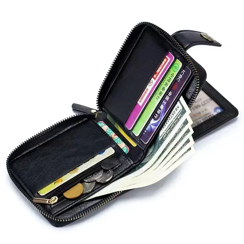 Vintage Popular men's short wallets, retro trend, horizontal zipper coin purse, multi-functional card Durable Convenient Wallets — view 6