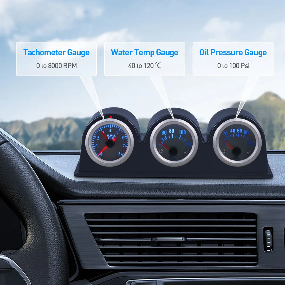 2inch 52MM Triple gauge kit Tachometer RPM Water Temperature Gauge Oil Press Pressure Gauge Car meter TT100651