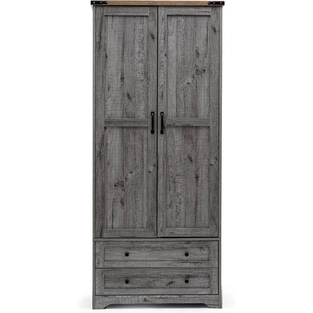 71" wooden armoire wardrobe closet. Modern functional tall storage cabinet with adjustable shelf and hanging rail. 6