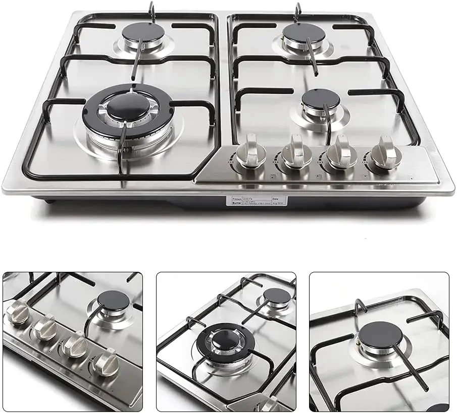 Burners Cooktop Built-In Stoves,Stainless Steel Natural Gas/LPG Gas Hob Conversion Kit,Stainless Steel Surface and Cast Iron Gra 4