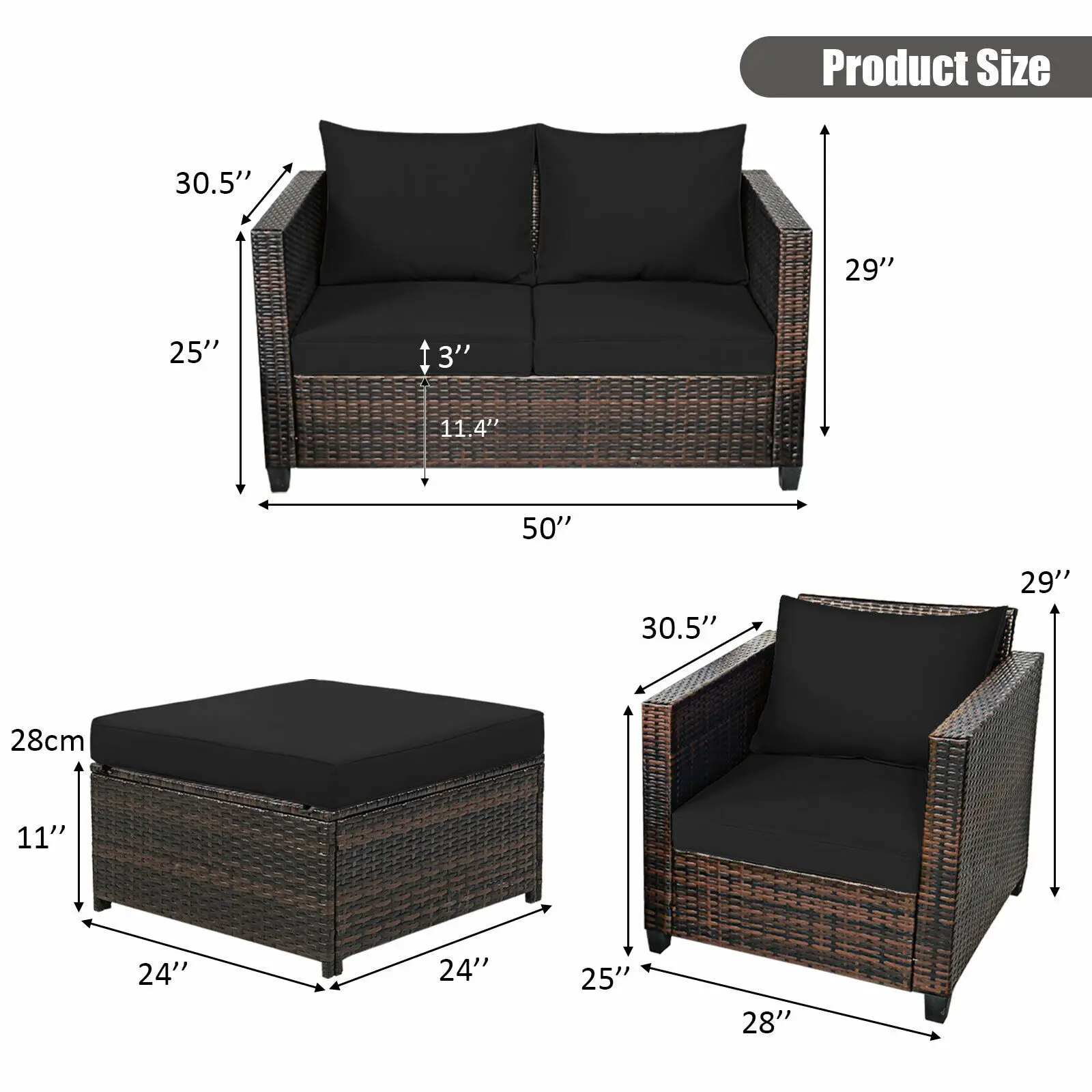 5PCS Patio Rattan outdoor Furniture Set Loveseat Sofa Ottoman Cushioned Black - Image 6